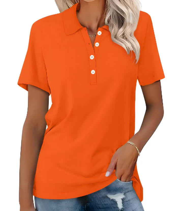 Women's short sleeve polo shirt with classic collar and white button detail, casual fit