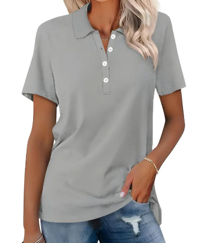 Women's polo shirt with button placket and collar, soft textured fabric in grey