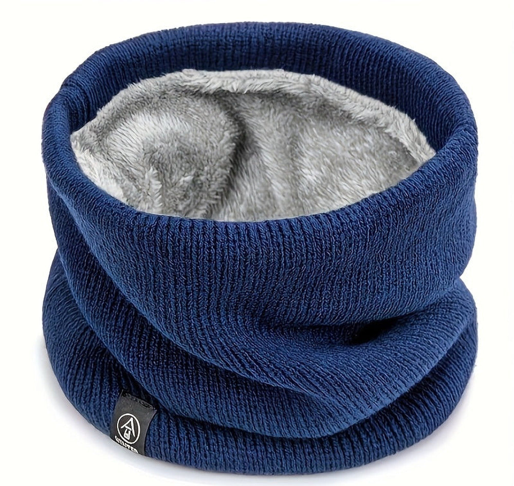 Plush lined knitted snood neck warmer in navy blue