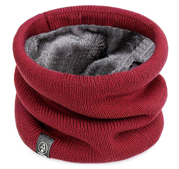 Plush lined knitted snood neck warmer in wine red