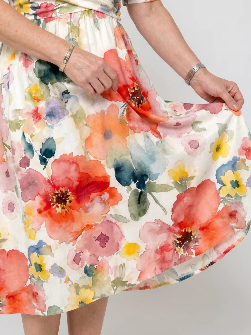 Back view of floral midi dress showing V-neckline and watercolour floral pattern across fabric
