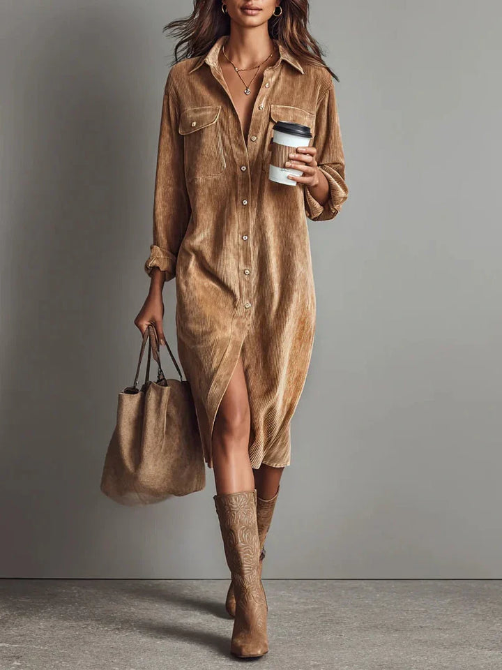 Women's corduroy shirt dress in caramel with button-front closure and midi length