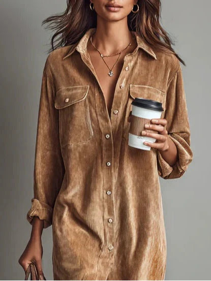 Relaxed fit corduroy shirt dress with chest pockets and long sleeves