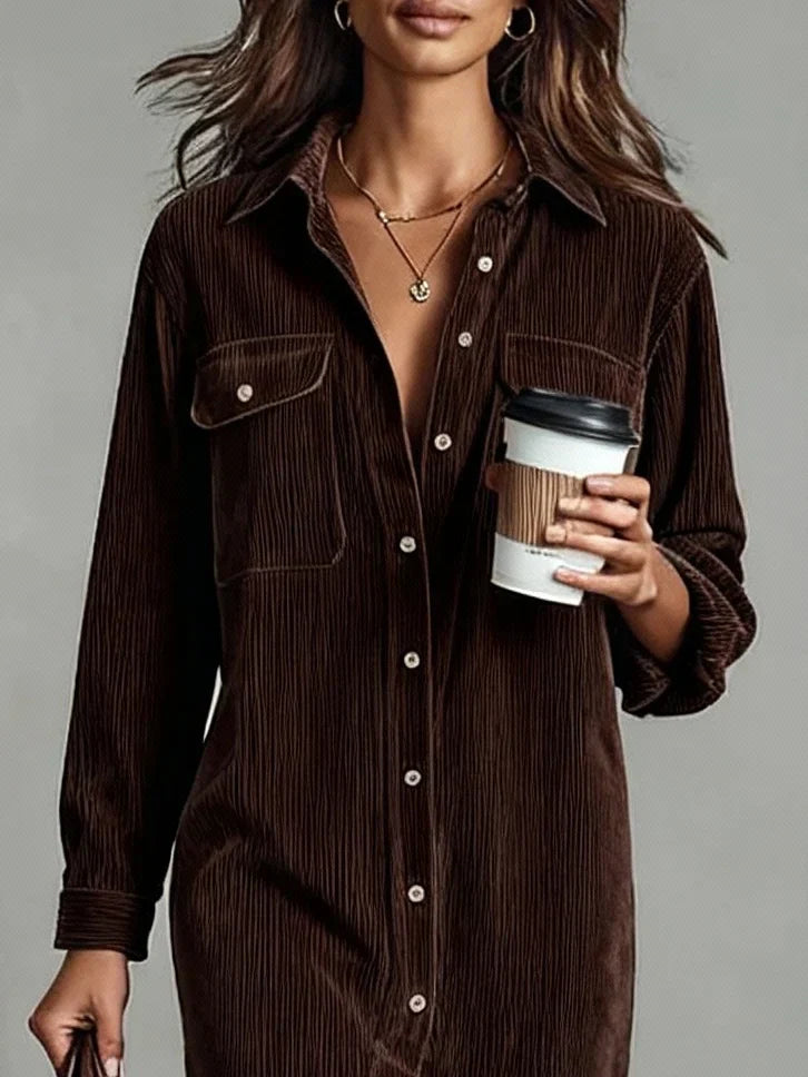Women's corduroy dress with pointed collar and full-length button closure