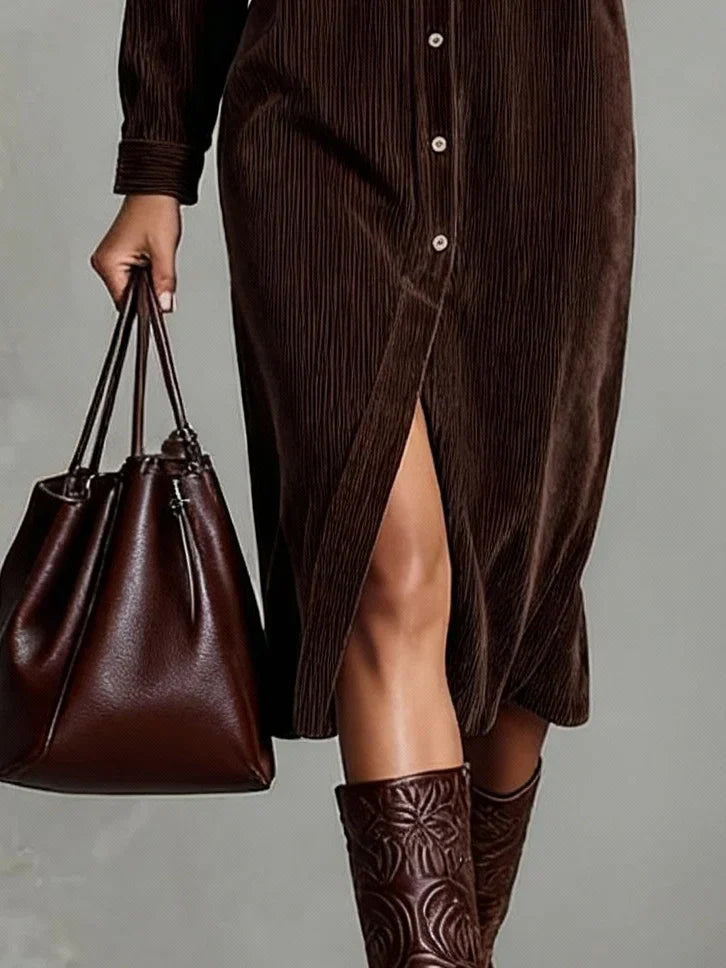 Casual corduroy shirt dress with relaxed silhouette and mid-calf length