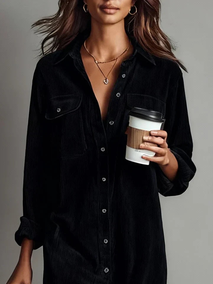 Long sleeve corduroy shirt dress in caramel paired with boots