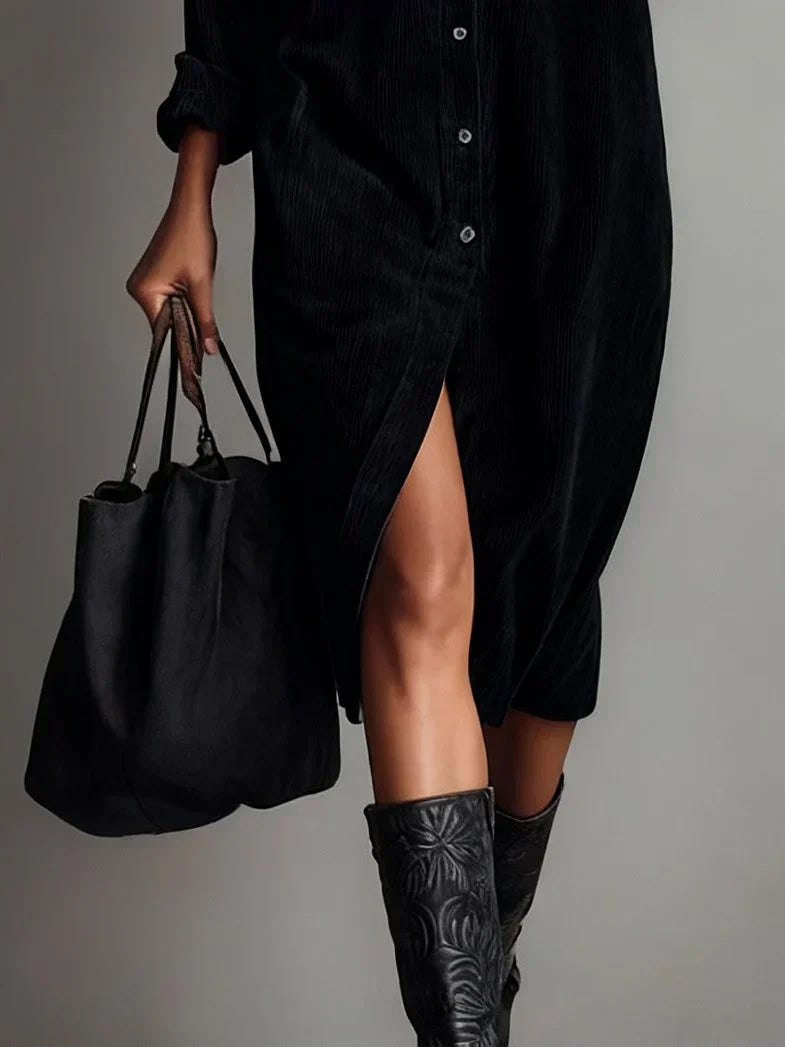 Women's button-front corduroy dress with classic collar and relaxed fit