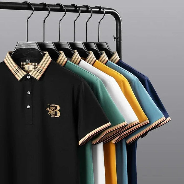 Ralph black polo shirt, collar detail with contrasting inner trim