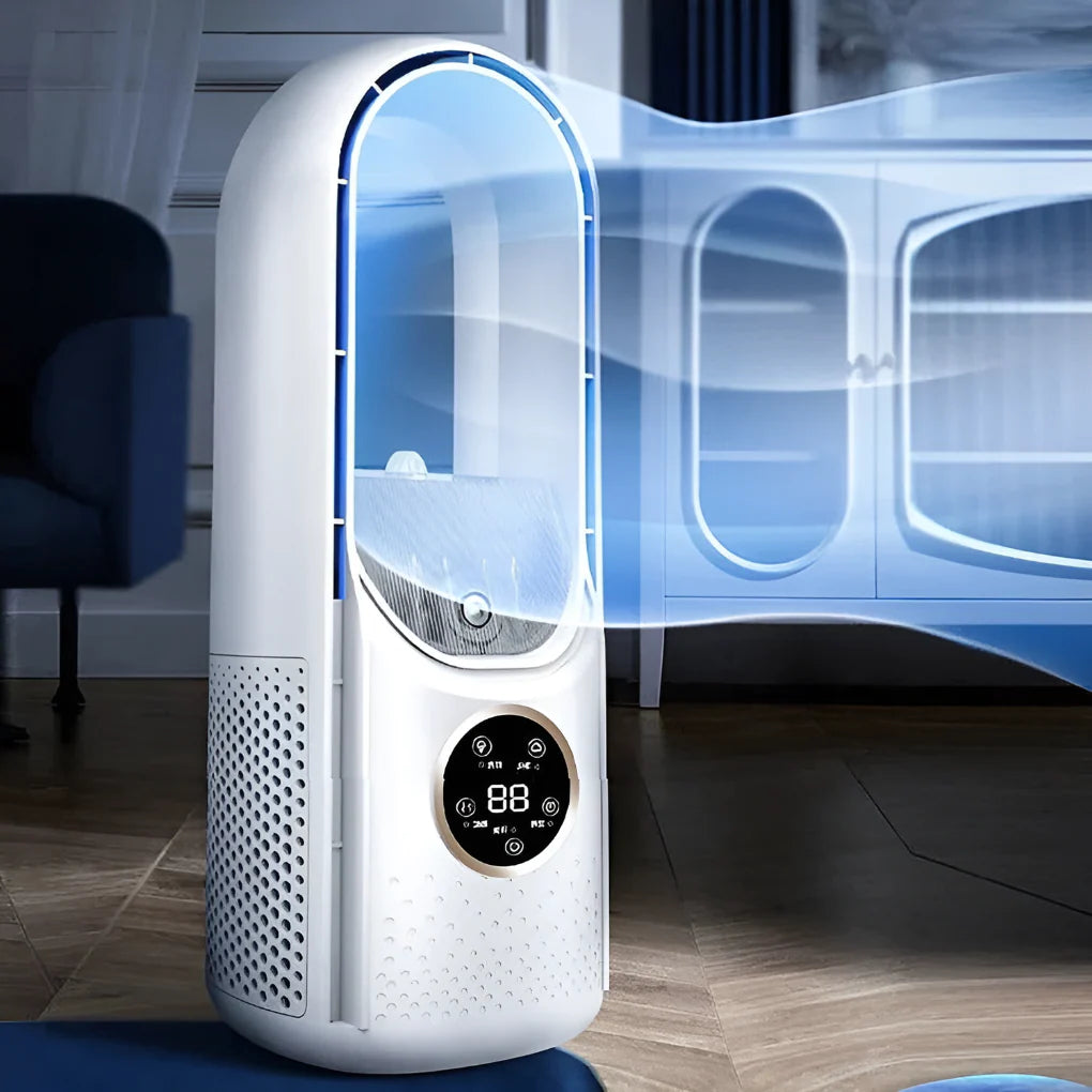 Universal Silent Portable Air Fan for Home & Office with bladeless tower design and digital display on bedroom floor