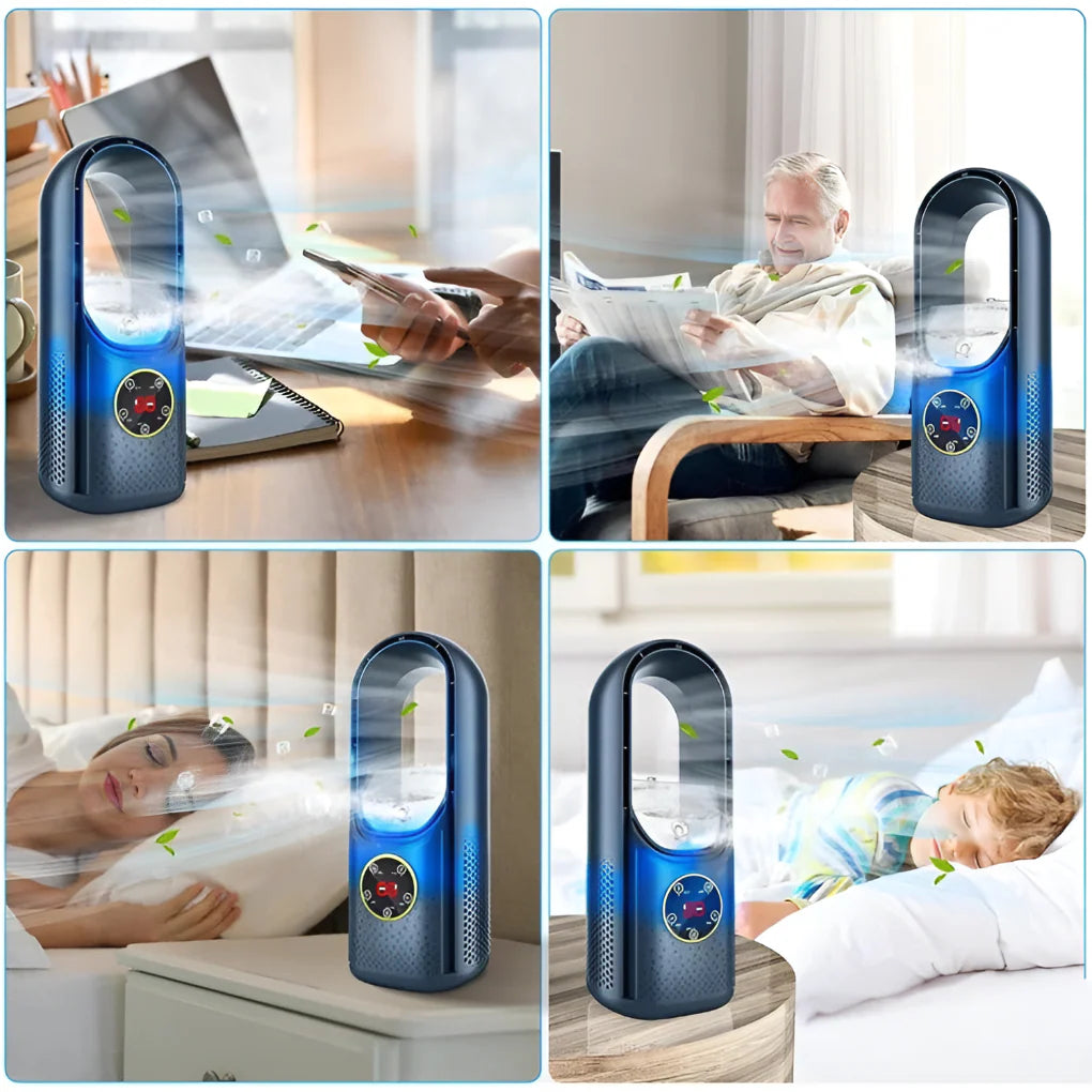 White portable tower fan with perforated base and arched airflow outlet in modern interior
