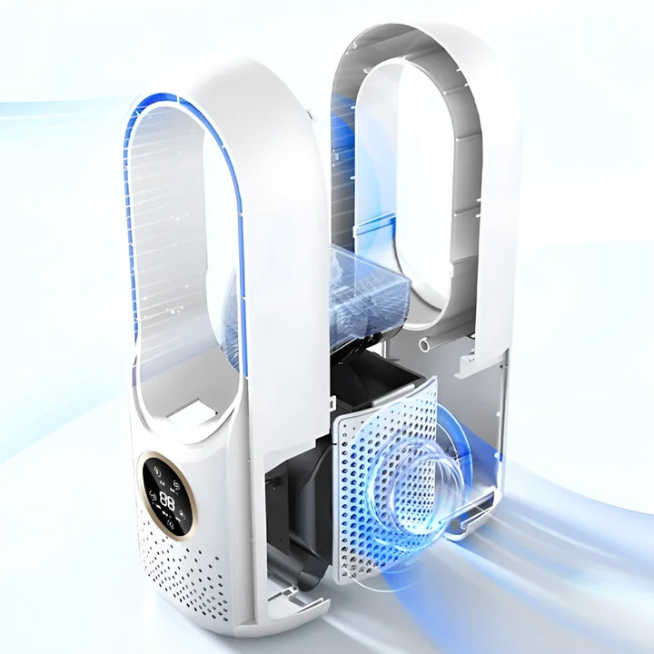 Compact tabletop fan with three wind modes positioned on desk beside bed