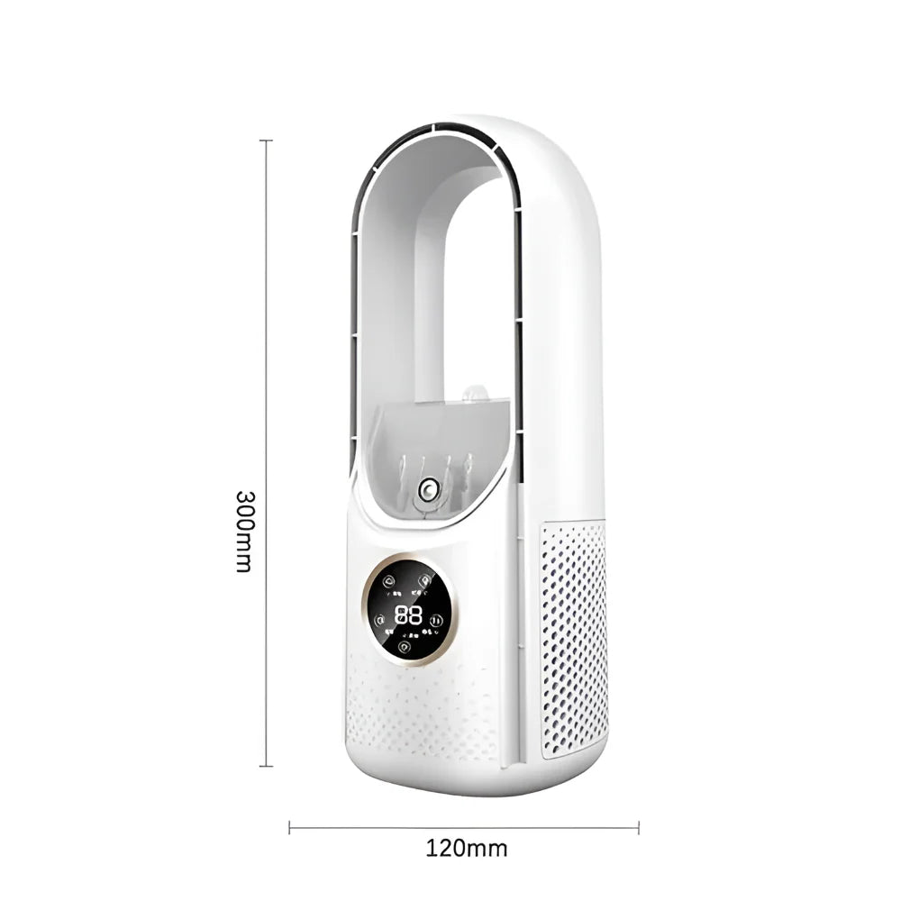Bladeless air circulation fan with digital controls in home office setting