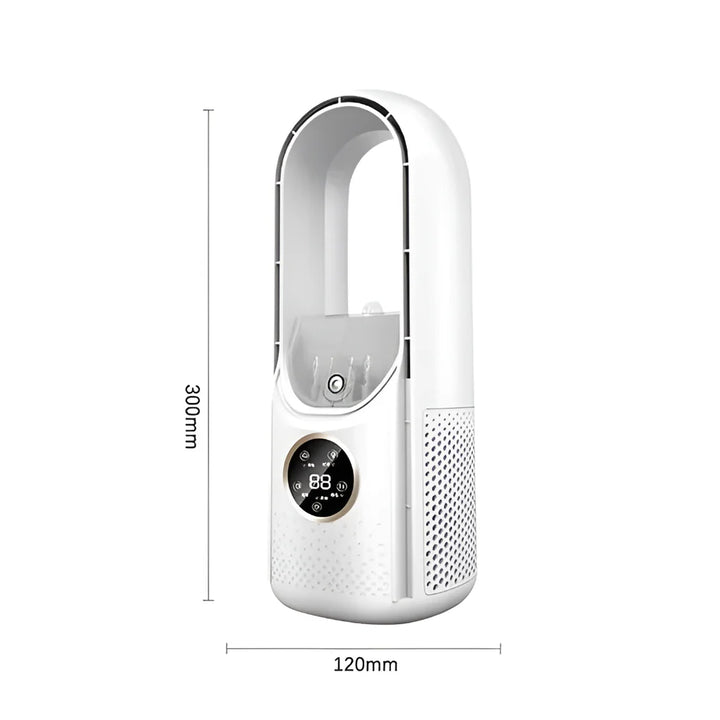 Bladeless air circulation fan with digital controls in home office setting