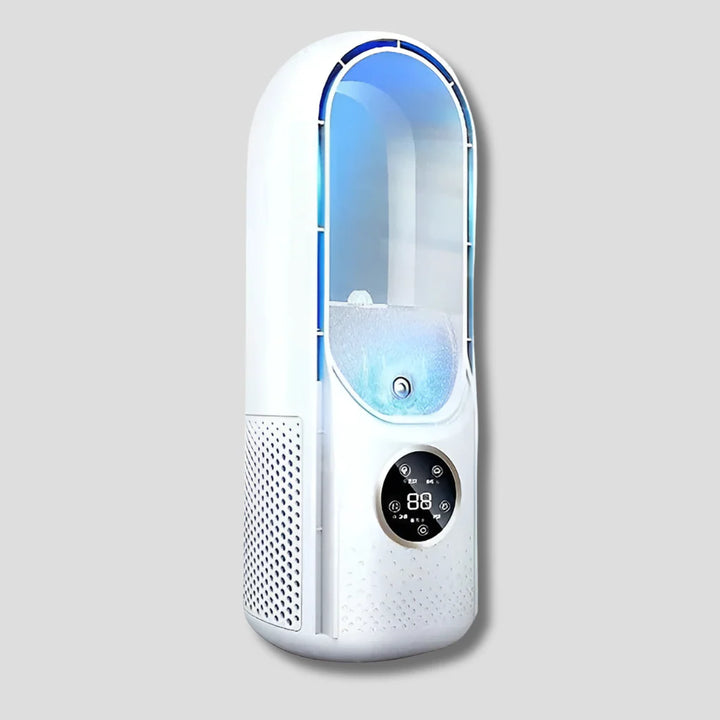 Portable fan tower design showing full height and stable base construction
