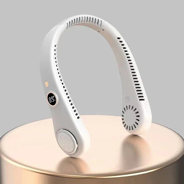 Unisex 5-Speed Neck Cooling Fan - Portable & Bladeless Design in white with digital display and dual rotating fans