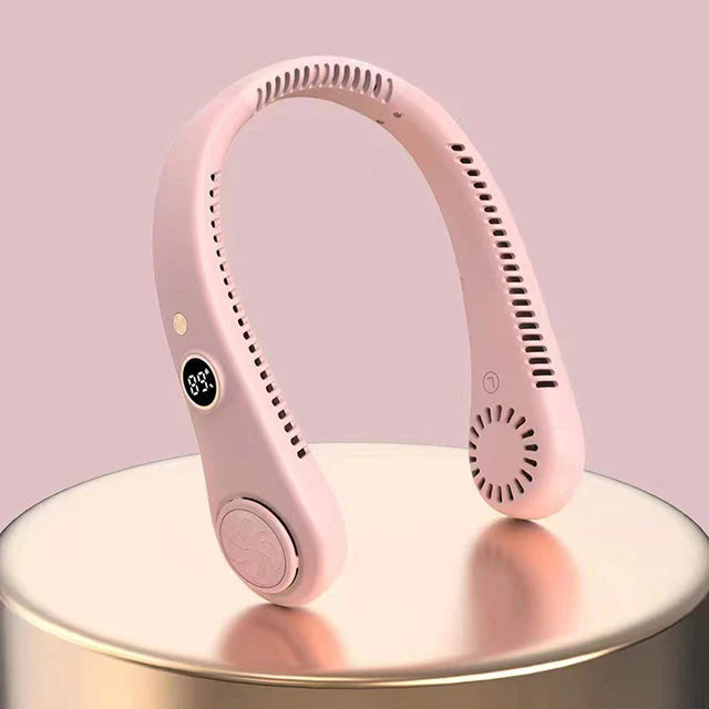 Unisex neck fan with hands-free design and five speed settings for customisable cooling relief