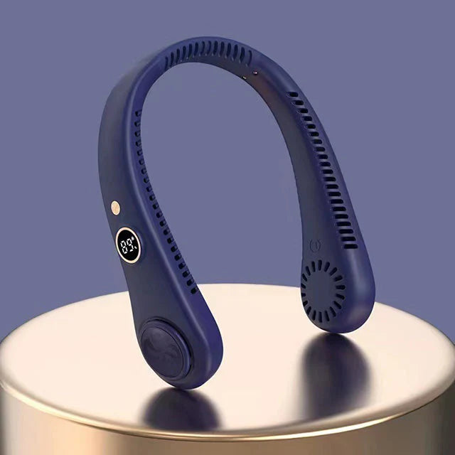 Wearable neck fan showing dual rotating fans and safe bladeless design for hair and clothing protection