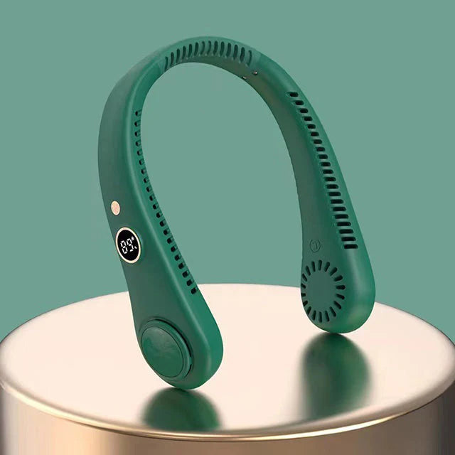 Portable neck cooling fan with 360-degree airflow and digital display for precise temperature control