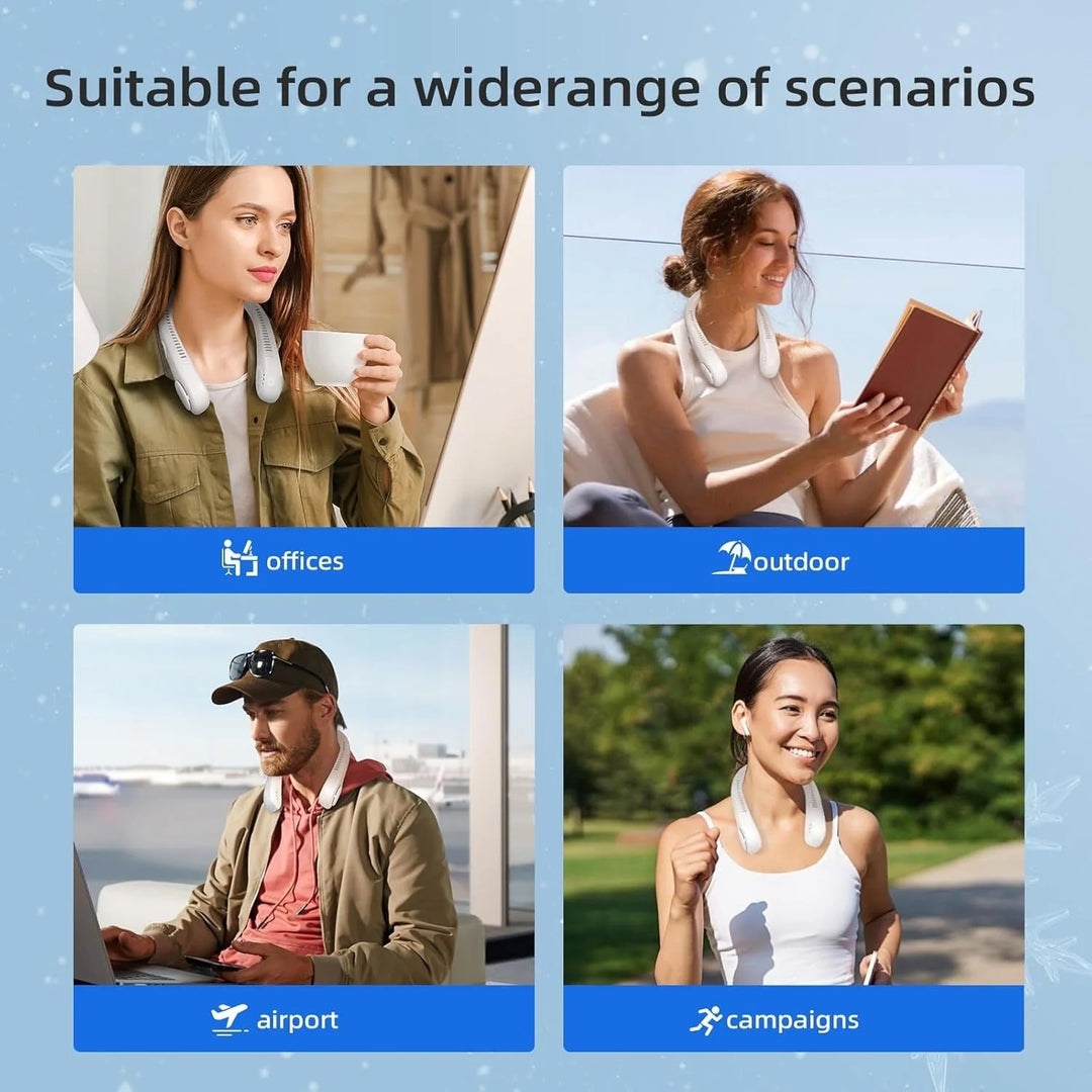 Lightweight neck fan with five speed settings and rechargeable battery for everyday errands in warm weather