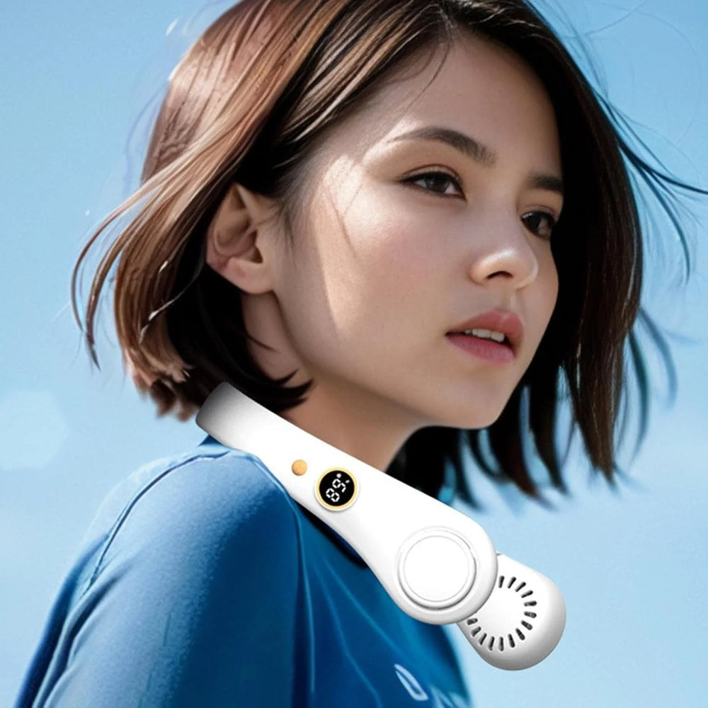 Close-up view of the bladeless neck cooling fan showing adjustable speed controls and ergonomic wearable frame