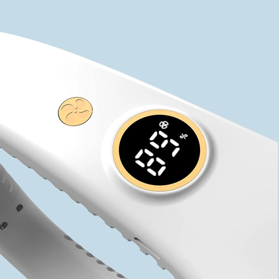 Lightweight wearable neck cooling fan in white featuring five speed settings and compact travel-friendly design