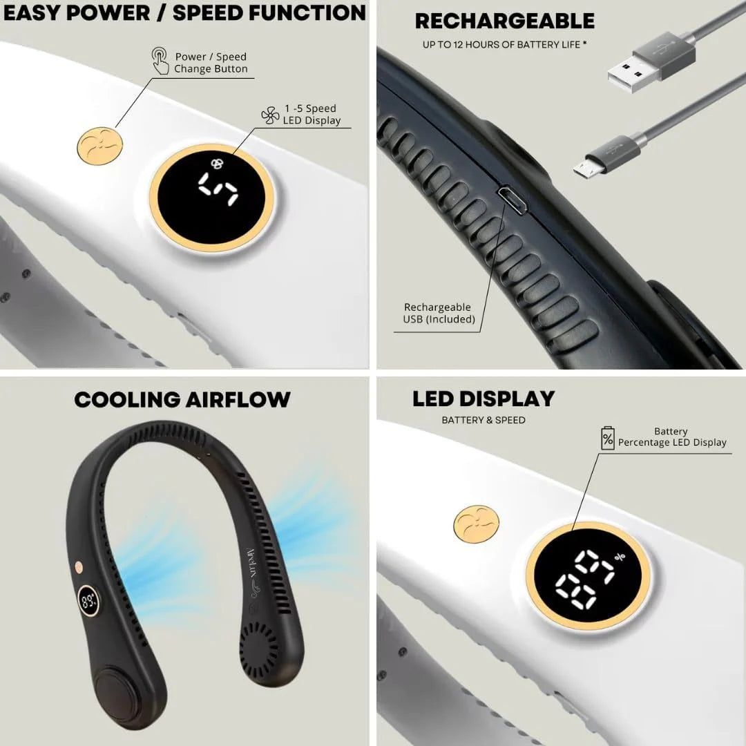 Bladeless neck fan with headphone-style frame and digital display for customisable airflow control