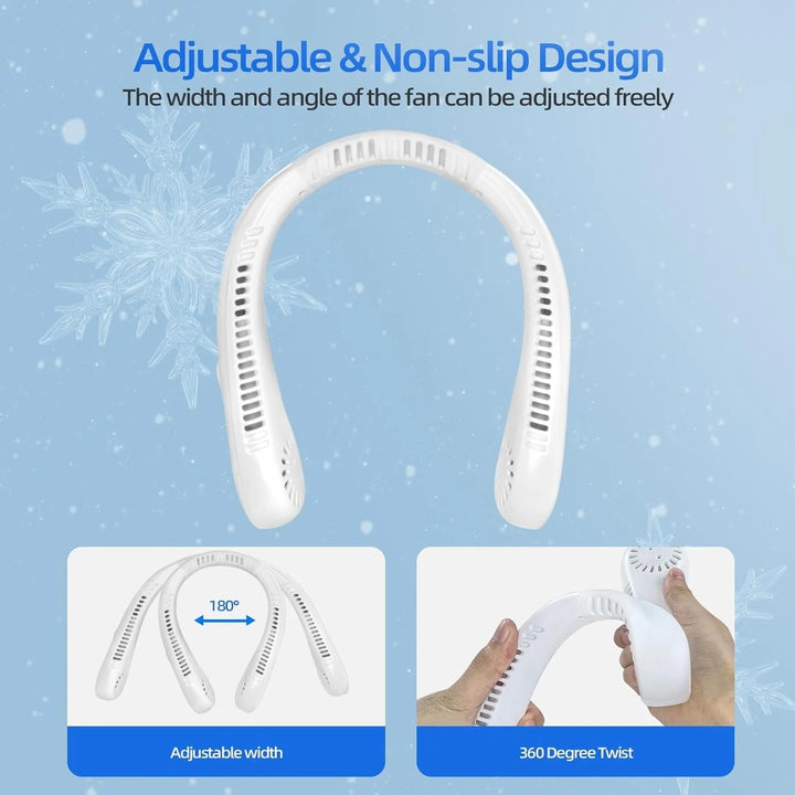 Unisex neck cooling fan showing dual fan vents and rechargeable battery compartment for extended use