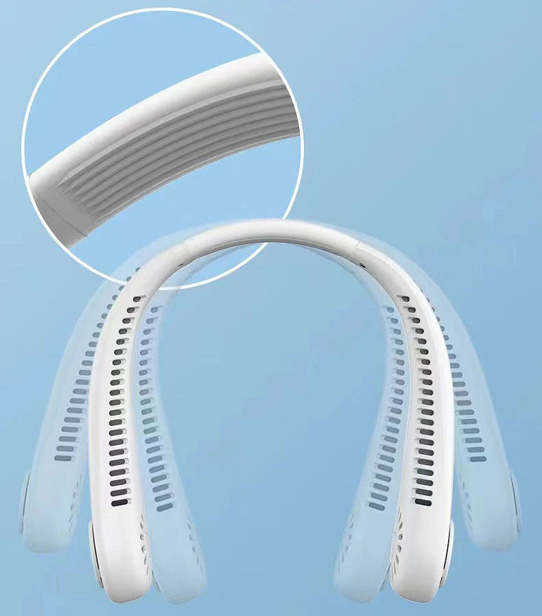 Hands-free portable neck fan with rotating airflow and safe bladeless design for outdoor activities