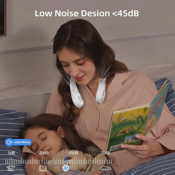 Compact neck cooling fan with five speed settings and long-lasting battery for all-day comfort