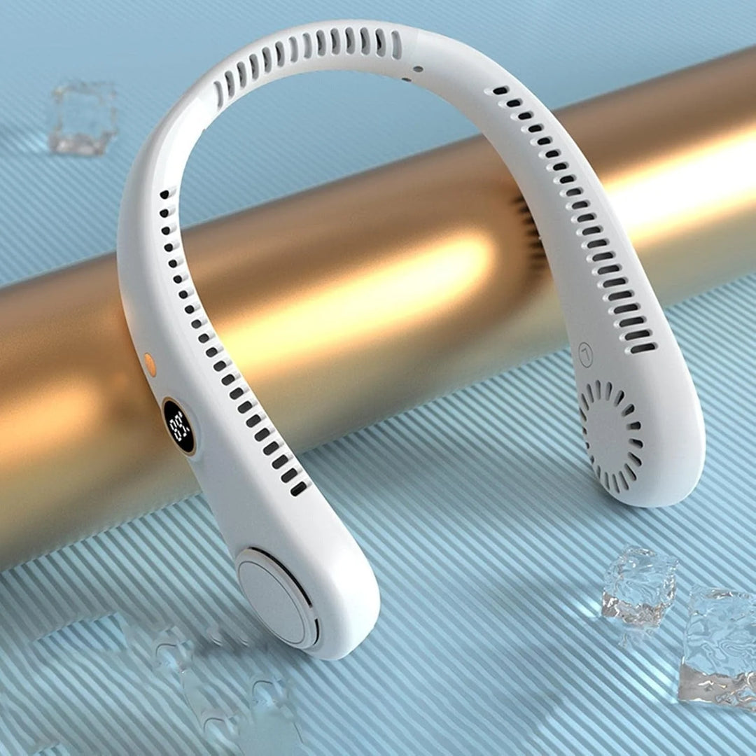 Wearable neck fan in white with 360-degree airflow and ergonomic design for travel and workouts