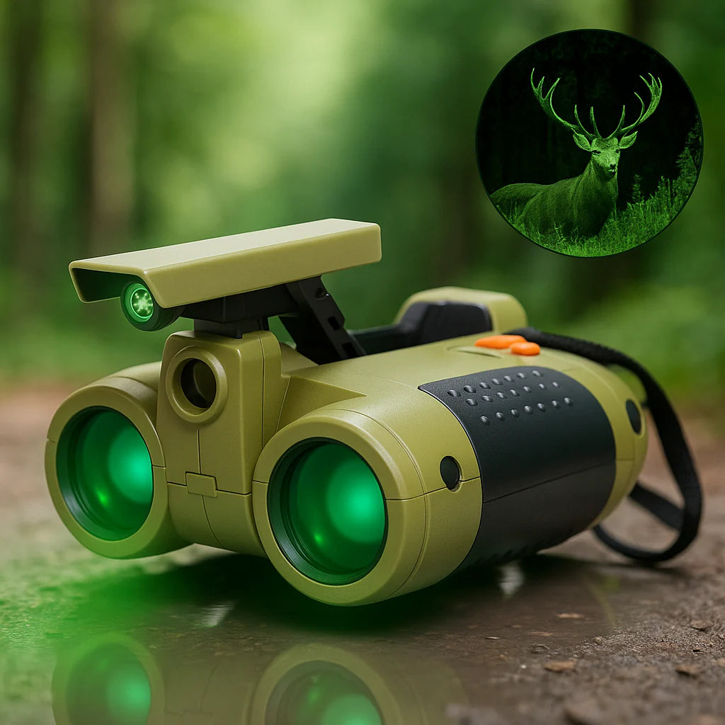 Olive-green night vision binoculars for kids with dual objective lenses and pop-up LED light