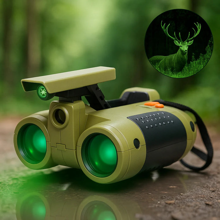Olive-green night vision binoculars for kids with dual objective lenses and pop-up LED light