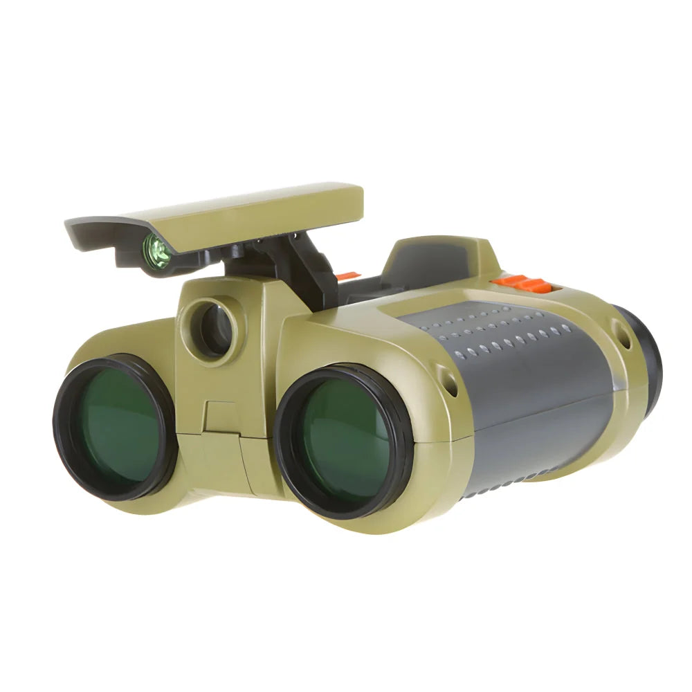 Close-up view of kids' binoculars showing textured black grip and adjustable focus dial