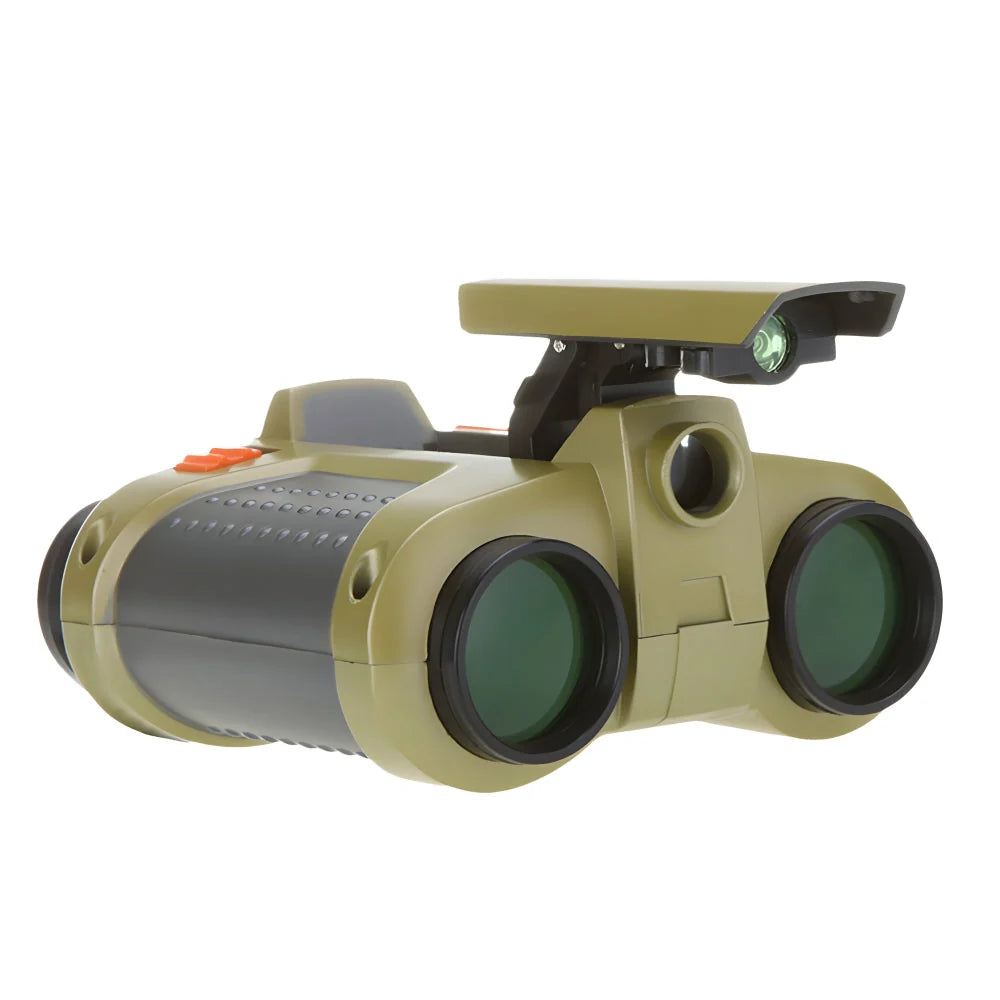 Night vision binoculars with green-tinted lenses and compact folding design for young explorers