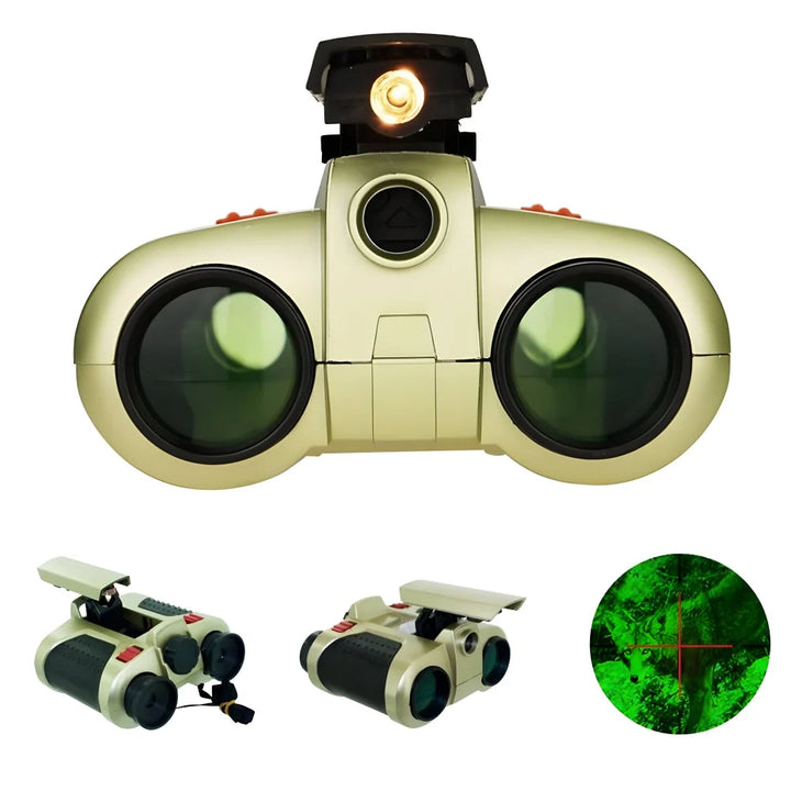 Kids' binoculars with illuminated green lenses demonstrating night vision capability in outdoor setting
