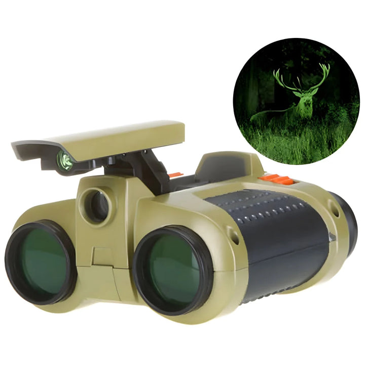 Overhead view of compact 4x30 binoculars showing pop-up LED light and dual eyepiece design