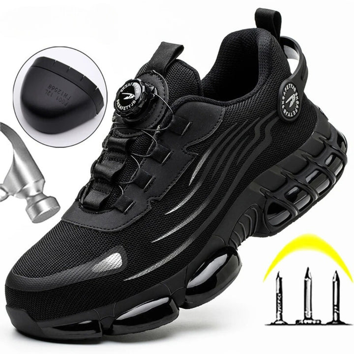 Men's safety trainers in black with twist-lock lacing and protective toe cap