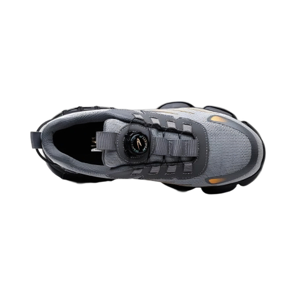 Grey safety trainer, top view showing twist-lock lacing
