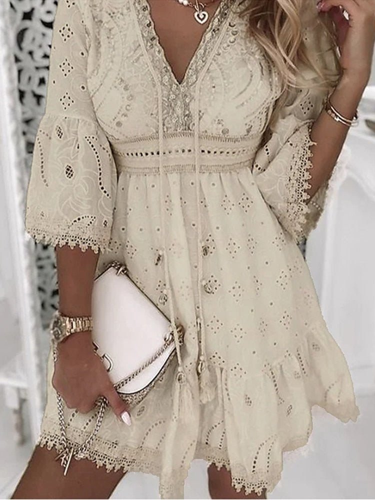 Saskia Boho Mini Dress V-Neck Lace Bell Sleeves A-Line in cream with intricate eyelet lace detailing and romantic bell sleeves