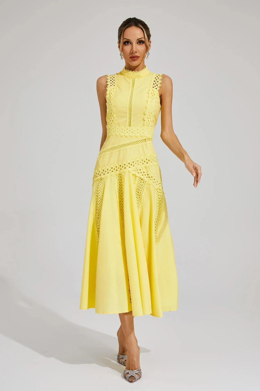 Lace panel midi dress in yellow with high neckline and flared skirt for wedding guest occasions