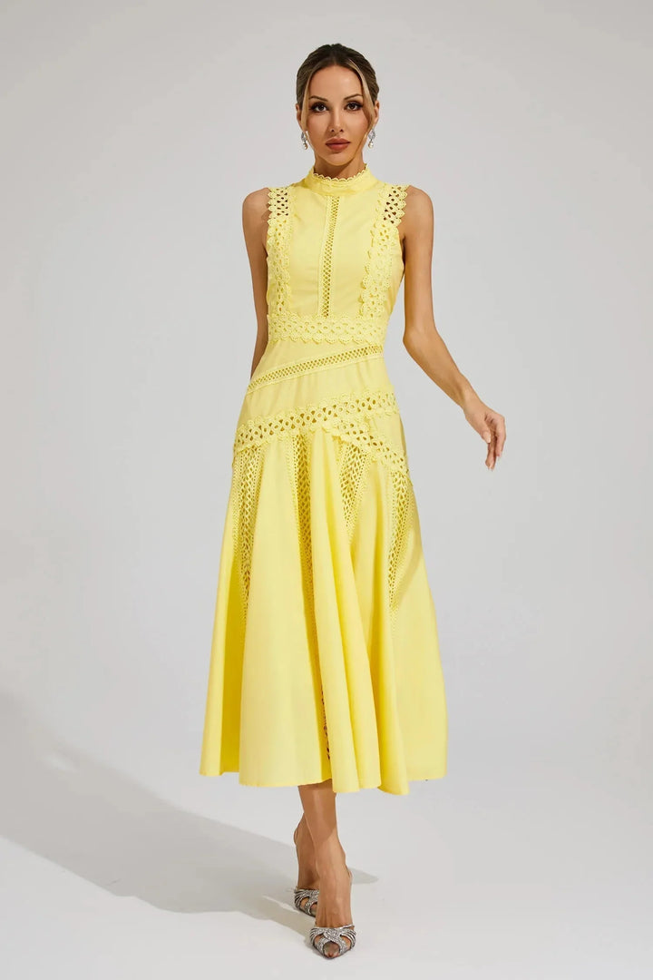 Lace panel midi dress in yellow with high neckline and flared skirt for wedding guest occasions