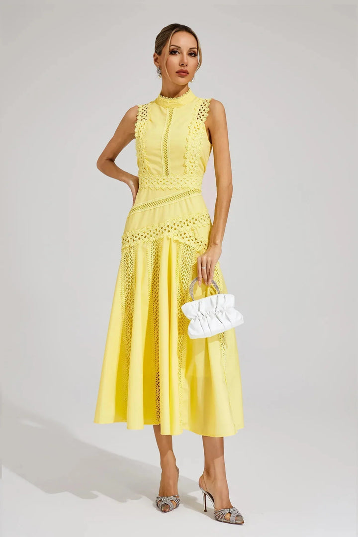 Back view showing centre zip fastening and lace panel detailing on midi dress