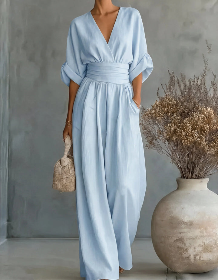 Wide-leg jumpsuit in yellow showing flowing trousers and short sleeves