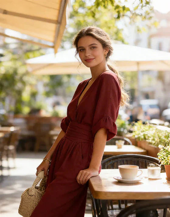 Detail of wide-leg jumpsuit side pockets and smooth fabric drape