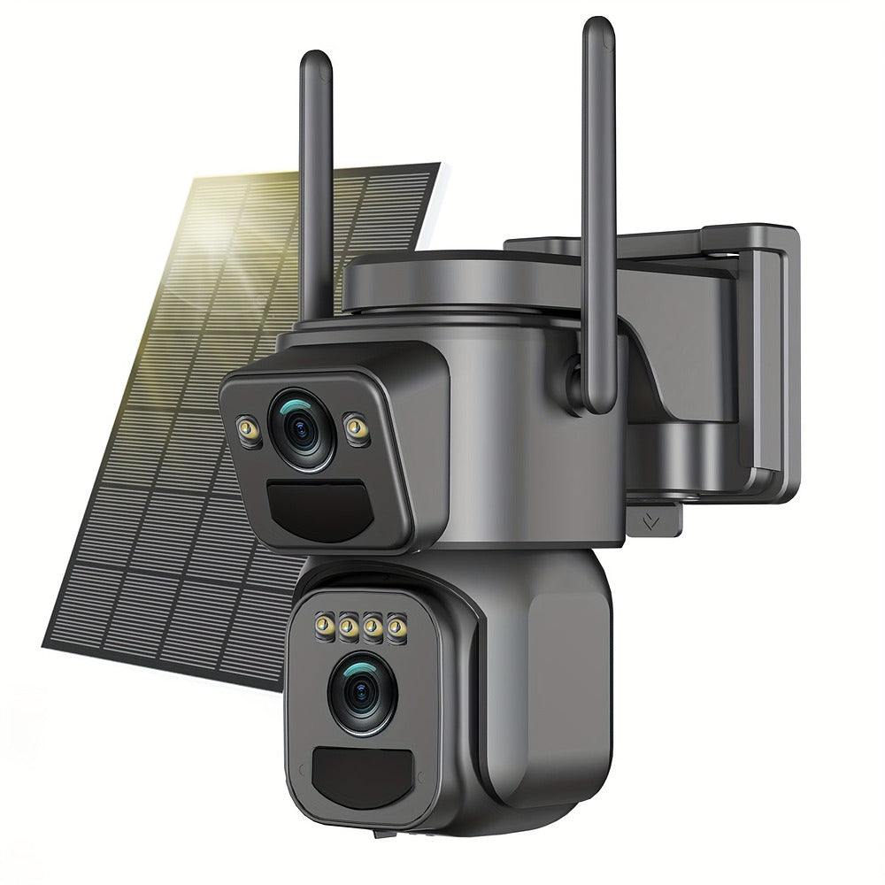 Solar powered 2K outdoor security camera with 360-degree pan and spotlight