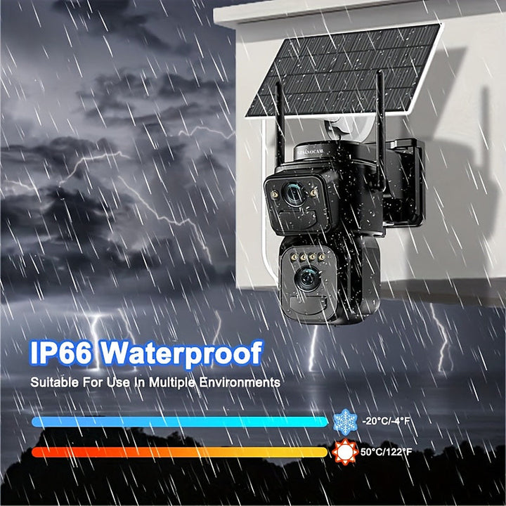 Solar powered 2K outdoor security camera with 360-degree pan and spotlight
