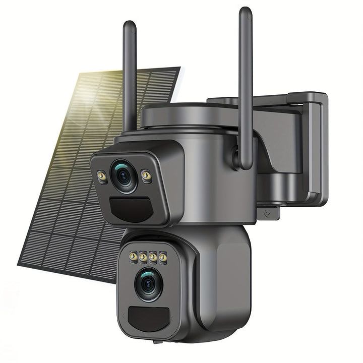 Solar powered 2K outdoor security camera with 360-degree pan and spotlight