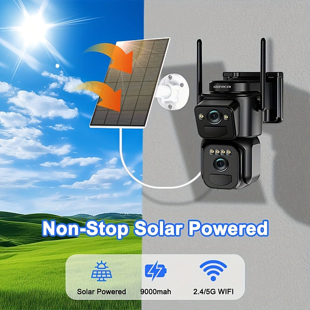 Solar powered 2K outdoor security camera with 360-degree pan and spotlight