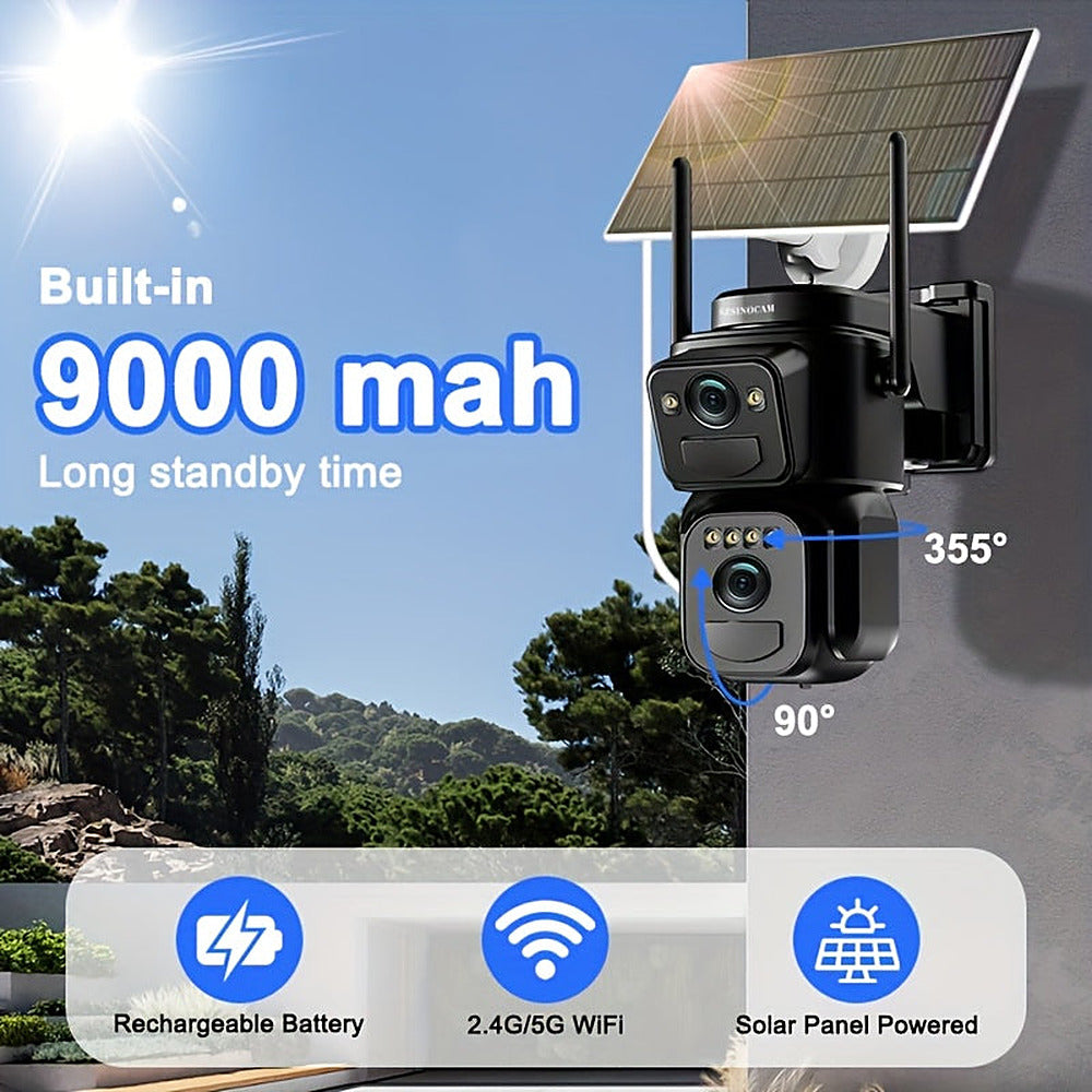 Solar powered 2K outdoor security camera with 360-degree pan and spotlight