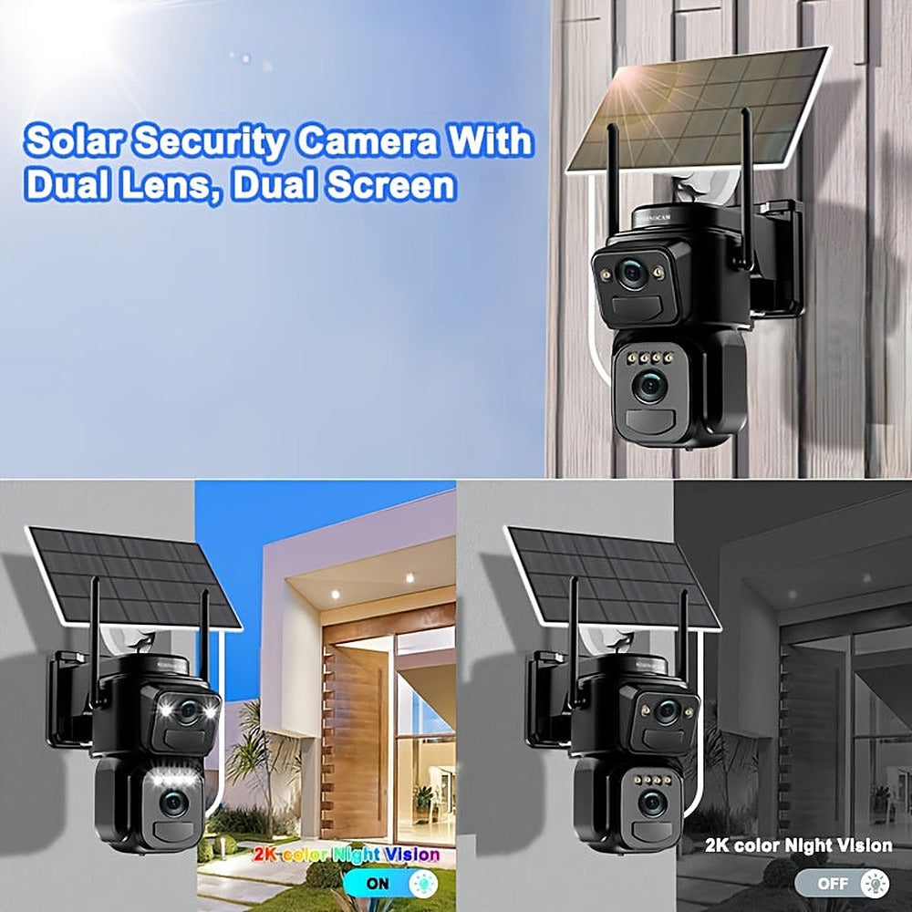 Solar powered 2K outdoor security camera with 360-degree pan and spotlight